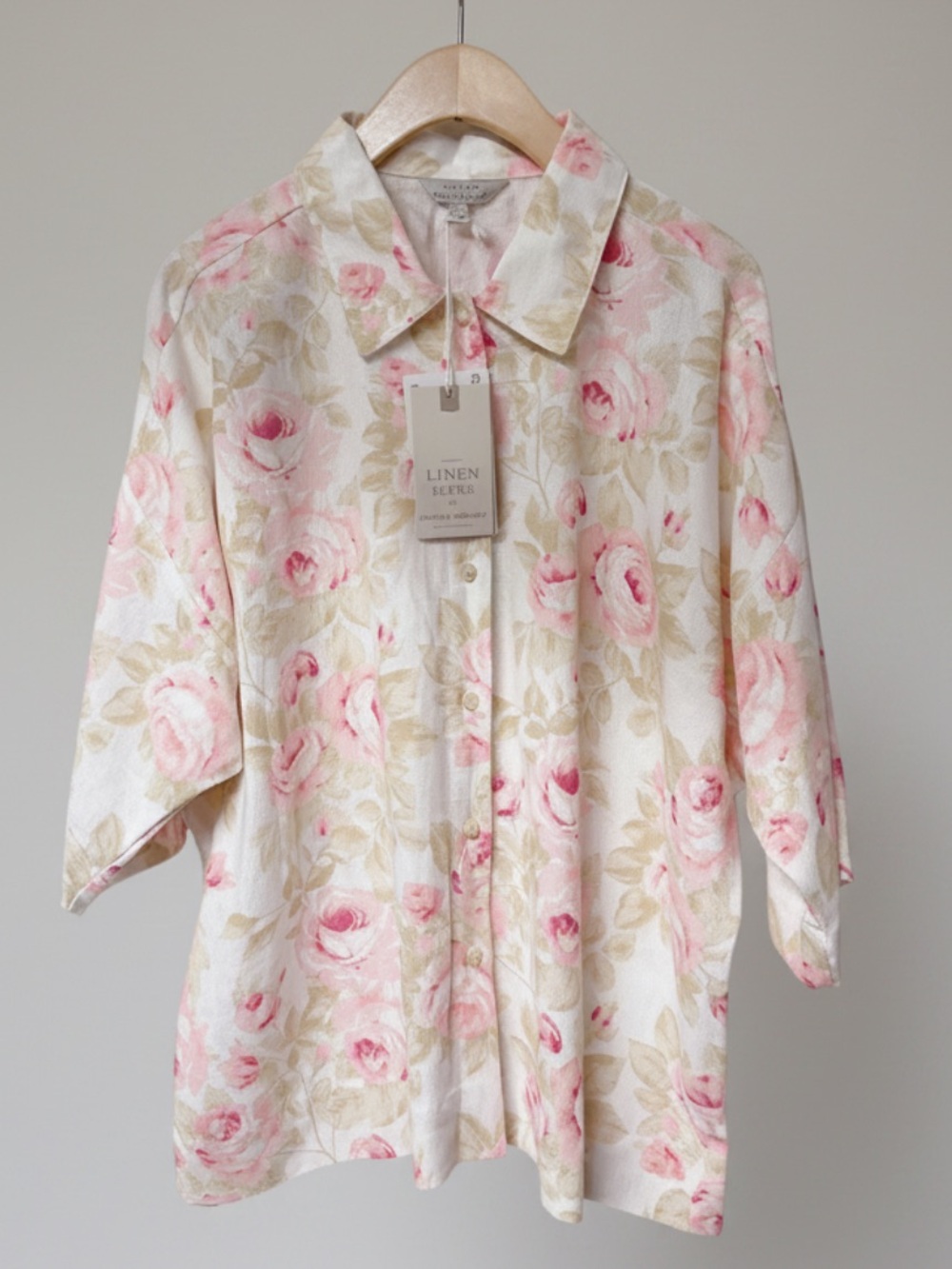 Hester & Orchard Flora Pink Linen Blend Button-Front Women's Top Blouse Size L - Picture 2 of 13